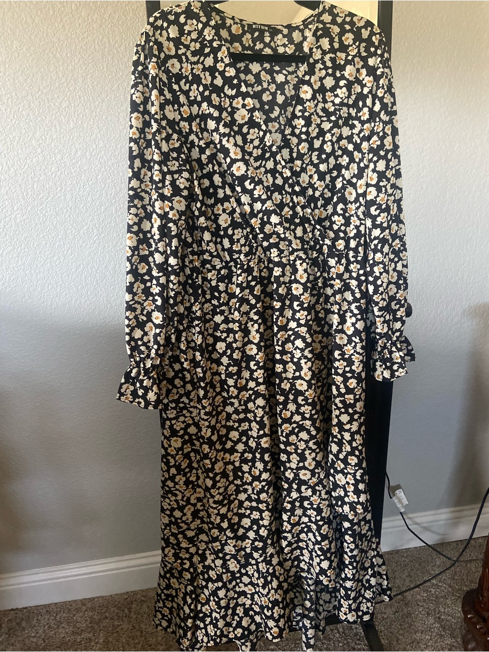 Black Floral High-Low Wrap Dress with Cream Daisy Print